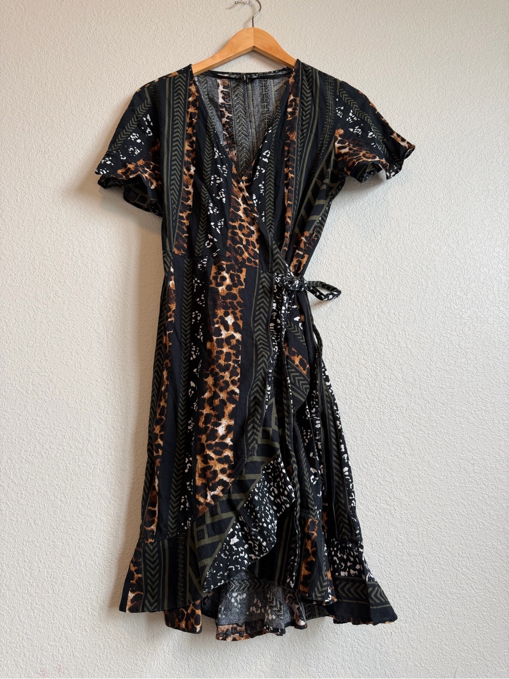 Vero Moda Black and Brown Animal Print Wrap Dress